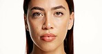 Beauty, woman and skincare portrait in studio for acne treatment results, hydration or glowing. Dermatology, clean or serious girl on white background with healthy skin, radiance or cosmetic wellness