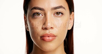 Buy stock photo Beauty, woman and skincare portrait in studio for acne treatment results, hydration or natural glow. Face, clean and serious girl on white background with healthy skin, radiance and cosmetic wellness