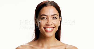 Buy stock photo Beauty, woman and happy with face cream in studio for acne treatment, hydration or hyaluronic acid. Dermatology, girl and cosmetics product on white background for healthy skin, mockup space and glow