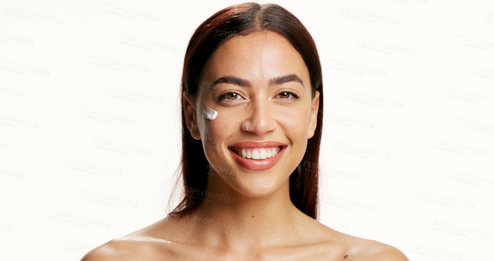 Buy stock photo Beauty, woman and happy with face cream in studio for acne treatment, hydration or hyaluronic acid. Dermatology, girl and cosmetics product on white background for healthy skin, mockup space and glow