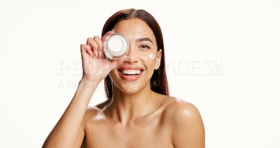 Buy stock photo Skincare, cream jar and portrait of woman on a white background for wellness, facial and health. Dermatology, mockup space and person with cosmetics, lotion and beauty product for benefits in studio
