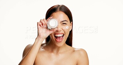 Buy stock photo Skincare, cream jar and portrait of woman on white background for wellness, facial or health. Dermatology, mockup space and person with cosmetics, moisturizer or beauty product for benefits in studio