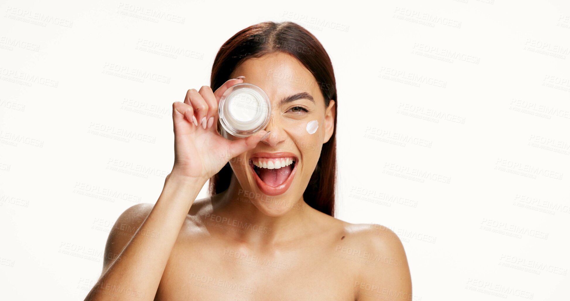 Buy stock photo Skincare, cream jar and portrait of woman on white background for wellness, facial or health. Dermatology, mockup space and person with cosmetics, moisturizer or beauty product for benefits in studio