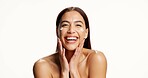 Woman, skincare and cream with smile in studio, pride and confidence with mockup space on white background. Person, happy and portrait with lotion, moisturizer and product for beauty in Colombia
