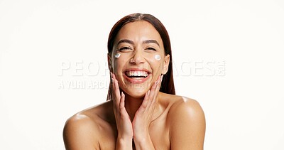 Buy stock photo Woman, skincare and cream with smile in studio, pride and confidence with mockup space on white background. Person, happy and portrait with lotion, moisturizer and product for beauty in Colombia
