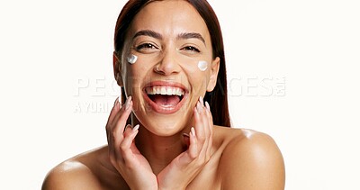 Buy stock photo Woman, skincare and happy with cream in studio, pride and confidence with mockup space on white background. Person, smile and portrait with lotion, moisturizer and product for beauty in Colombia