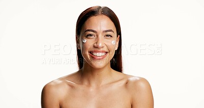 Buy stock photo Skincare, cream and portrait of happy woman on white background for wellness, facial and health. Dermatology, mockup space and person with cosmetics, lotion and beauty product for benefits in studio