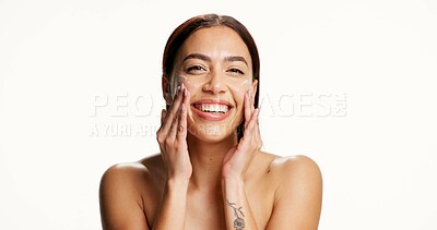 Buy stock photo Beauty, woman and smile with face cream in studio for hydration, healthy skin or collagen treatment. Portrait, person and apply cosmetics on white background for skincare, sunscreen and mockup space