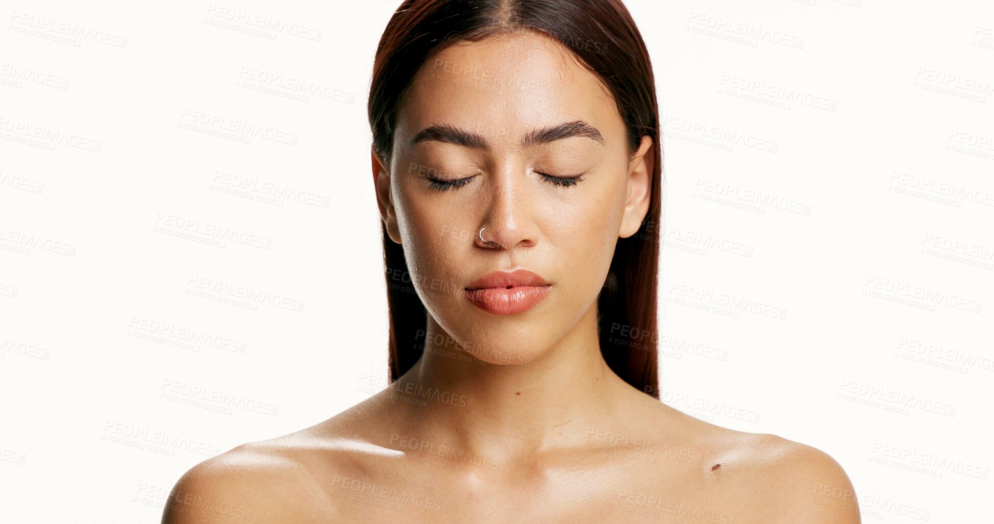 Buy stock photo Beauty, eyes closed and wellness with woman in studio for cosmetics, dermatology or peace. Aesthetic, calm and skincare with model isolated on white background for natural cosmetology results