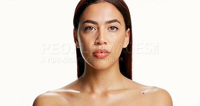 Buy stock photo Cosmetics, girl and skincare portrait in studio with natural glow, healthy skin and treatment results. Mockup space, person and serious with dermatology on white background for hydration and beauty