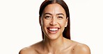 Portrait, skincare and woman in studio, smile and dermatology on white background. Happy person, mockup space and confidence with cosmetics, beauty and funny with healthy skin, aesthetic and shine