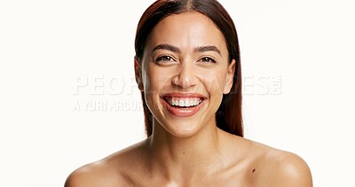 Buy stock photo Portrait, skincare and woman in studio, smile and dermatology on white background. Happy person, mockup space and confidence with cosmetics, beauty and funny with healthy skin, aesthetic and shine