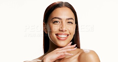 Buy stock photo Beauty, portrait and woman with smile in studio for acne treatment results, hydration and glow. Mockup space, clean and person on white background with healthy skin, dermatology and skincare radiance