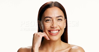 Buy stock photo Skincare, happy and woman with portrait in studio for acne treatment results, hydration and glow. Mockup space, radiance and girl on white background with healthy skin, dermatology and natural beauty