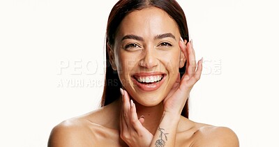 Buy stock photo Beauty, portrait and smile of woman in studio for dermatology or natural cosmetics satisfaction. Aesthetics, excited and skincare with happy model isolated on white background for cosmetology results