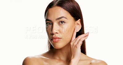Buy stock photo Beauty, cosmetics and portrait of woman in studio for dermatology, natural skincare or wellness. Aesthetic, cosmetology and self care with model person isolated on white background for facial results