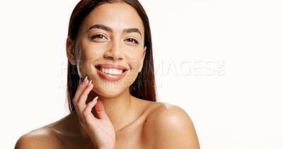 Buy stock photo Skincare, happy and girl with portrait in studio for acne treatment results, hydration and glow. Mockup space, radiance and woman on white background with healthy skin, dermatology and natural beauty