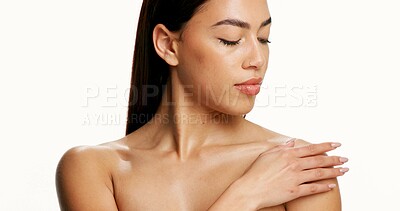 Buy stock photo Body care, cosmetics and woman in studio with natural, wellness and hygiene for moisturizing skin. Relax, hydration and female person with dermatology for glow, beauty and health by white background.
