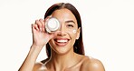Beauty, cream jar and portrait of woman on a white background for wellness, facial and health. Dermatology, mockup space and person with cosmetics, lotion and skincare for collagen benefits in studio