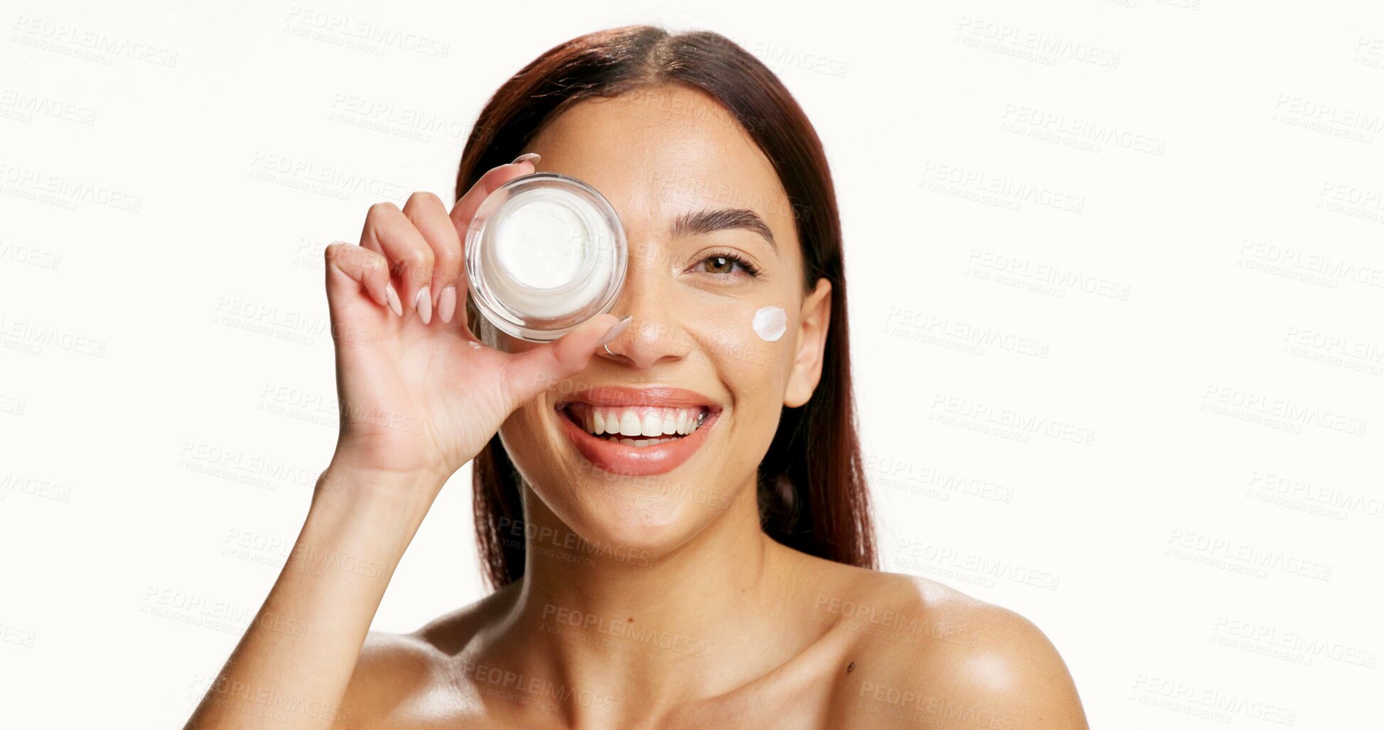 Buy stock photo Beauty, cream jar and portrait of woman on a white background for wellness, facial and health. Dermatology, mockup space and person with cosmetics, lotion and skincare for collagen benefits in studio