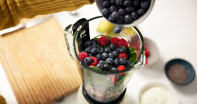 Buy stock photo Kitchen, fruit and above of blender for smoothie in home for healthy drink, diet and detox. Breakfast, protein shake and person with ingredients, food and berries for nutrition, wellness and vitamins