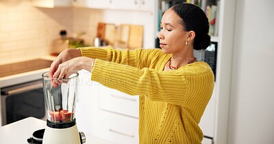 Buy stock photo Kitchen, smoothie and woman with fruit in blender in morning for healthy drink, diet and detox. Home, protein shake and person with ingredients, berries and food for nutrition, wellness and vitamins