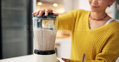 Buy stock photo Smoothie, nutrition and hands with blender, kitchen and healthy drink for protein boost or breakfast. Vegetarian, wellness and person with liquid for gut health benefits, home and detox with beverage
