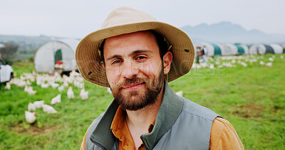 Buy stock photo Agriculture portrait, man and happy on chicken farm for sustainability, egg production or livestock. Poultry industry, farmer or smile in countryside for flock management, agro business or compliance
