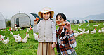 Portrait, farming and mother with girl, egg and agriculture with organic product. Outdoor, farmer and family with mama, daughter and poultry with sustainability, chickens and countryside with produce