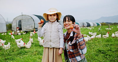 Buy stock photo Portrait, farming and mother with girl, egg and agriculture with organic product. Outdoor, farmer and family with mama, daughter and poultry with sustainability, chickens and countryside with produce