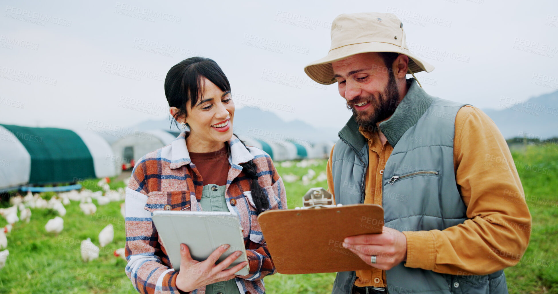Buy stock photo Tablet, chicken and farm with people, clipboard and inspection for agriculture and quality control. Feeding schedule, poultry monitoring and meeting with farmer team on countryside for egg records