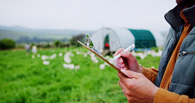Buy stock photo Chicken, farm and clipboard with hands of person for agriculture, poultry flock records or livestock update. Animal tracking, report and organic ranch with farmer for free range eggs in countryside