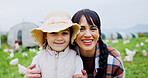 Portrait, mother and smile with child on chicken farm for agriculture, livestock or bonding together. Happy, family and kid for poultry produce, egg production and sustainable business in countryside
