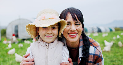 Buy stock photo Portrait, mother and smile with child on chicken farm for agriculture, livestock or bonding together. Happy, family and kid for poultry produce, egg production and sustainable business in countryside