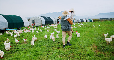 Buy stock photo Back, father and child walk on chicken farm for agriculture, harvest livestock and bonding together. Man, carry and kid for poultry inspection, egg production and sustainable business in countryside