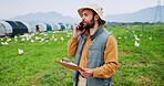 Phone call, poultry and farm with man, clipboard and inspection for agriculture and quality control. Feeding schedule, chicken monitoring and contact with farmer on countryside field for egg records