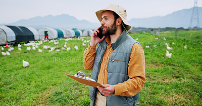 Buy stock photo Phone call, poultry and farm with man, clipboard and inspection for agriculture and quality control. Feeding schedule, chicken monitoring and contact with farmer on countryside field for egg records