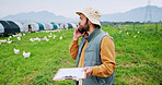 Phone call, chicken farm and man with clipboard, inspection and agriculture for quality control. Feeding schedule, poultry monitoring and contact with farmer on countryside field for egg records