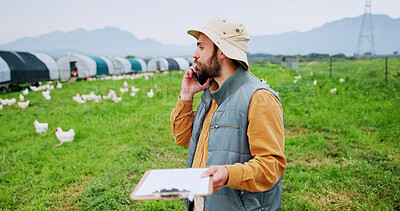 Buy stock photo Phone call, chicken farm and man with clipboard, inspection and agriculture for quality control. Feeding schedule, poultry monitoring and contact with farmer on countryside field for egg records