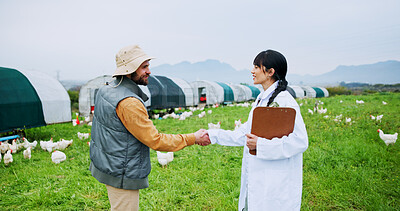 Buy stock photo Agriculture, handshake and farmer with vet outdoor on ranch for welcome, agreement or greet. Poultry, shaking hands and man with woman for checkup on chickens for sustainable career in countryside.