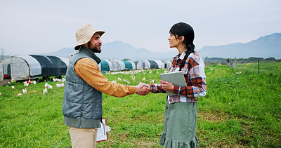 Buy stock photo Agriculture, handshake and farmer with client outdoor on ranch for welcome, agreement or greet. Poultry, shaking hands and people for partnership on chicken for sustainable farming in countryside