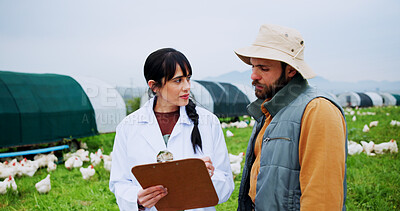 Buy stock photo Clipboard, vet and discussion with man on chicken farm for flock health, monitor growth or biosecurity. Poultry industry, doctor and farmer with medical checkup for egg production and agribusiness