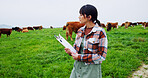 Woman, farm and inspection with clipboard for livestock, agriculture or economic production. Female person, farmer or cows with animals or checklist for agro business or development on farmland