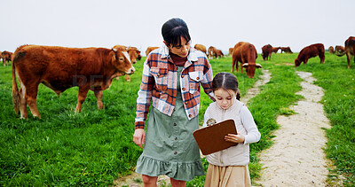 Buy stock photo Cows, farming or mother with girl, clipboard or checklist with nature, cattle inventory or growth. Farmer, parent or mom with daughter, agriculture or animal herd tracking with sustainability report