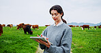 Woman, tablet and scroll for farming, cows or checklist for livestock management with space. Person, farmer and cattle with app, review and agriculture with food production stats in countryside