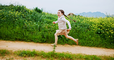 Buy stock photo Energy, excited and running with girl outdoor in countryside for child development or growth. Adventure, path and space with happy kid in green nature for activity, journey or wilderness experience
