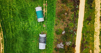Buy stock photo Aerial, agriculture and coop on poultry farm for free range or organic sustainability of environment. Above, agribusiness and space with hen house on green landscape for chicken or livestock industry