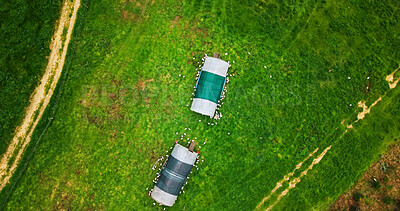 Buy stock photo Aerial, agribusiness and coop on chicken farm for free range or organic sustainability of environment. Above, agriculture and space with hen house on green landscape for livestock or poultry industry