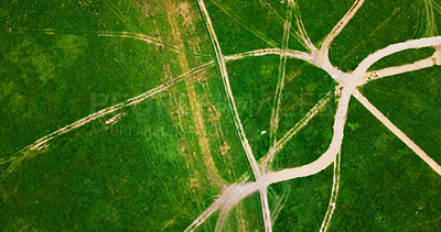 Buy stock photo Aerial view, landscape and ground for agriculture, grass and path for development, sustainability and nature. Outdoor, drone and above for environment, field and countryside at eco friendly farmland