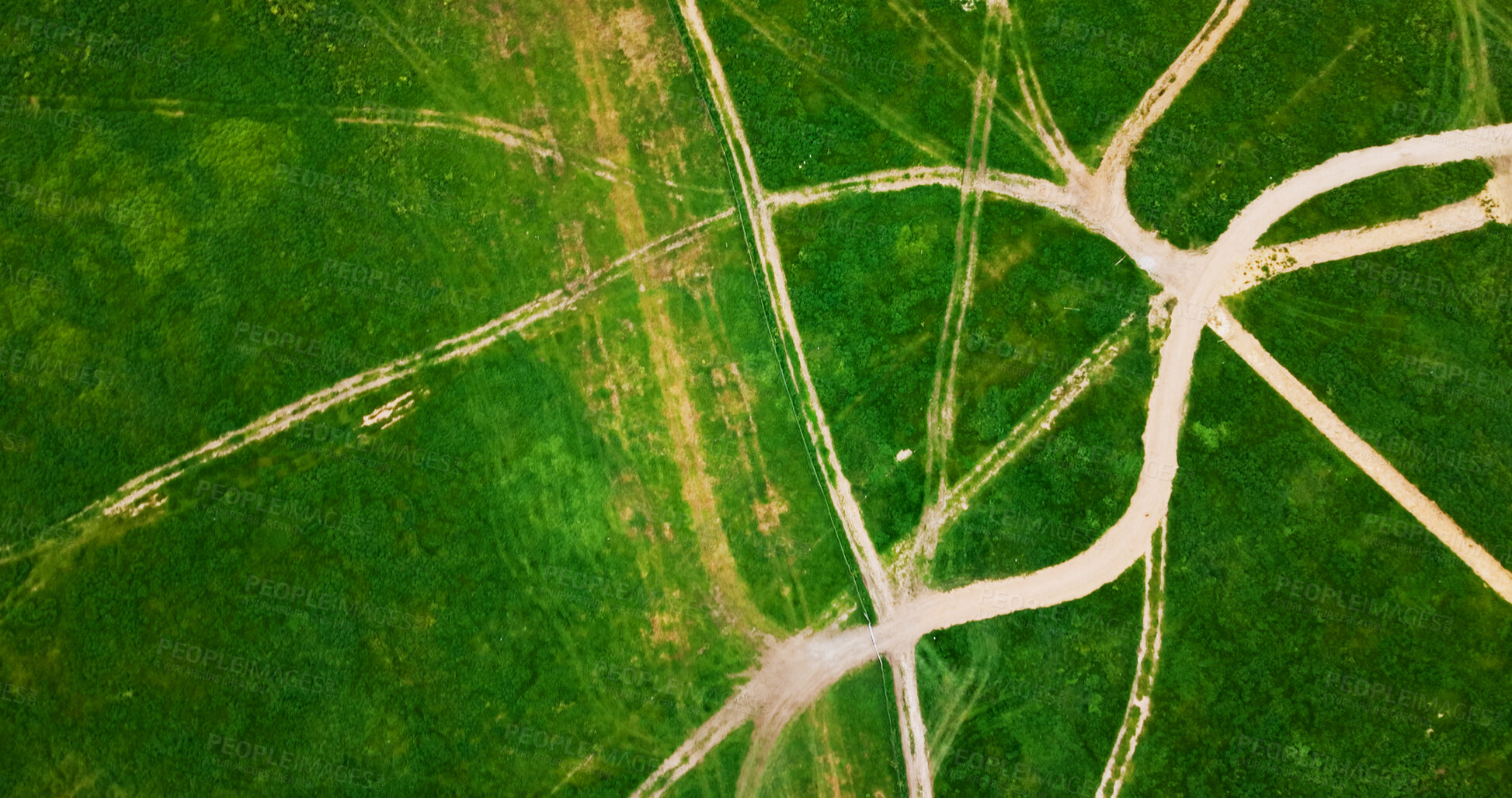 Buy stock photo Aerial view, landscape and ground for agriculture, grass and path for development, sustainability and nature. Outdoor, drone and above for environment, field and countryside at eco friendly farmland